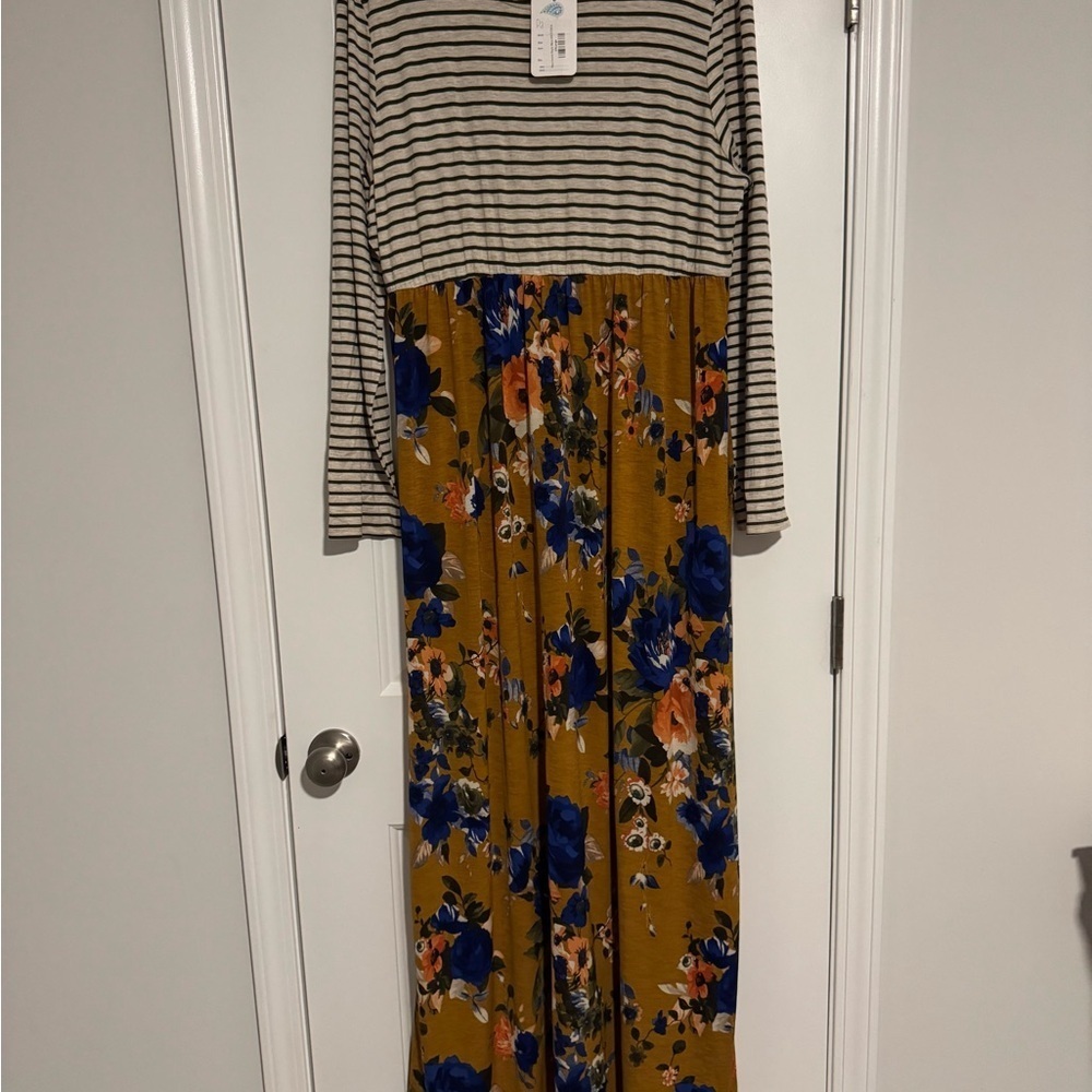 Paisley Sky Striped and Floral Maxi Dress - Black, White, Blue, Orange